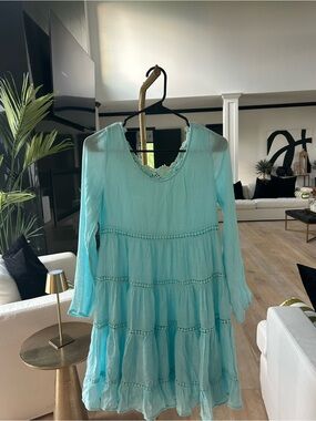 Altar'd State Aqua Crochet Tiered Dress